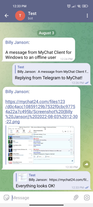 Telegram messages from MyChat