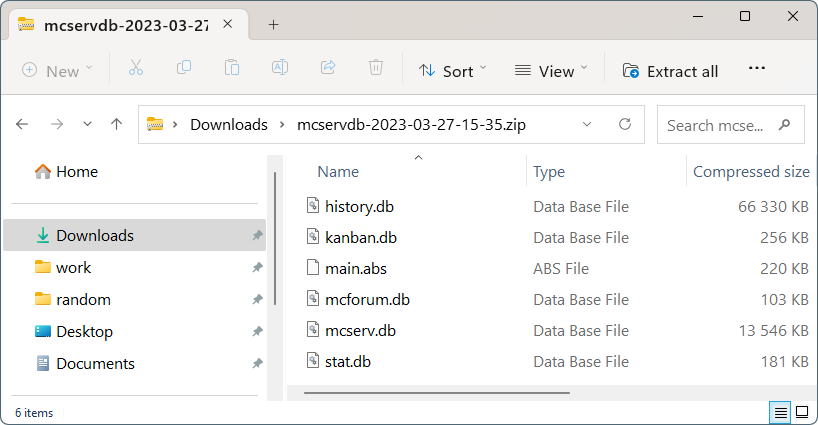 MyChat database in an archive