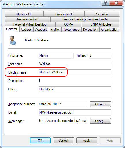 Display name sin Active directory